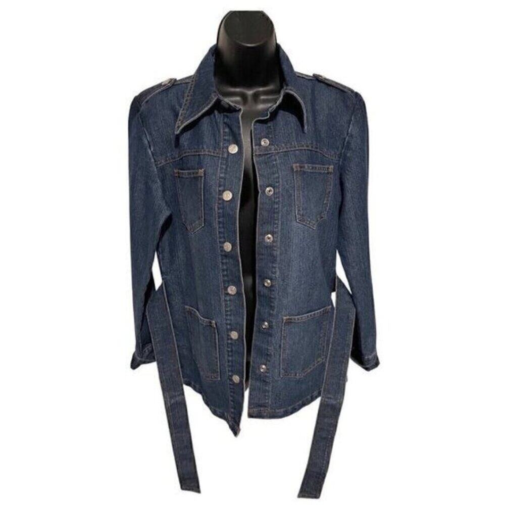 Zena Women Blue Denim Jacket Belted Snap Front Pocket Y2K Western Size M